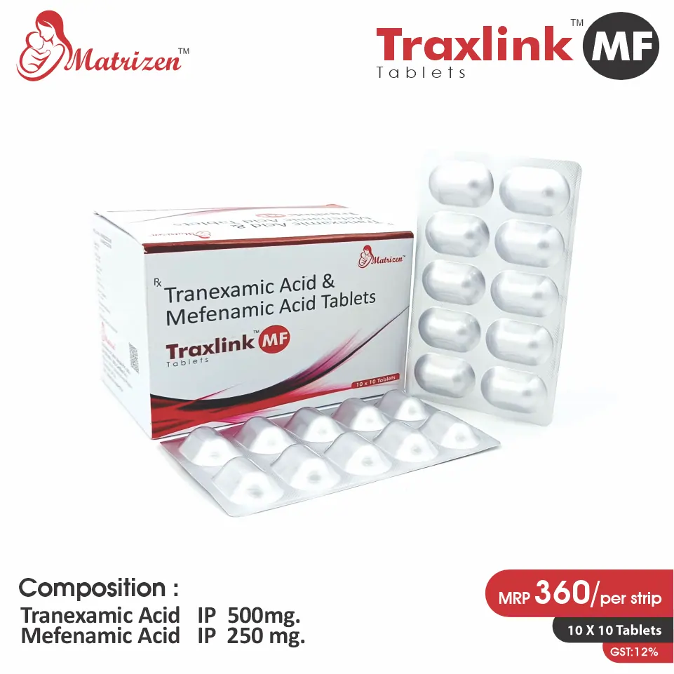 Tranexamic Acid 500mg + Mefenamic Acid 250mg Tablet at the best price in PCD Pharma Franchise for Pain Relief and Bleeding Control.